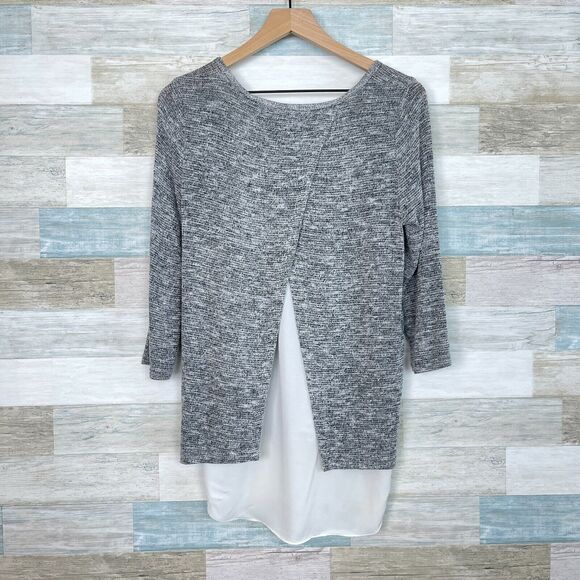 AB Studio Mixed Media Tunic Sweater Blouse Gray Ivory High Low Hem Womens Small - Picture 4 of 6